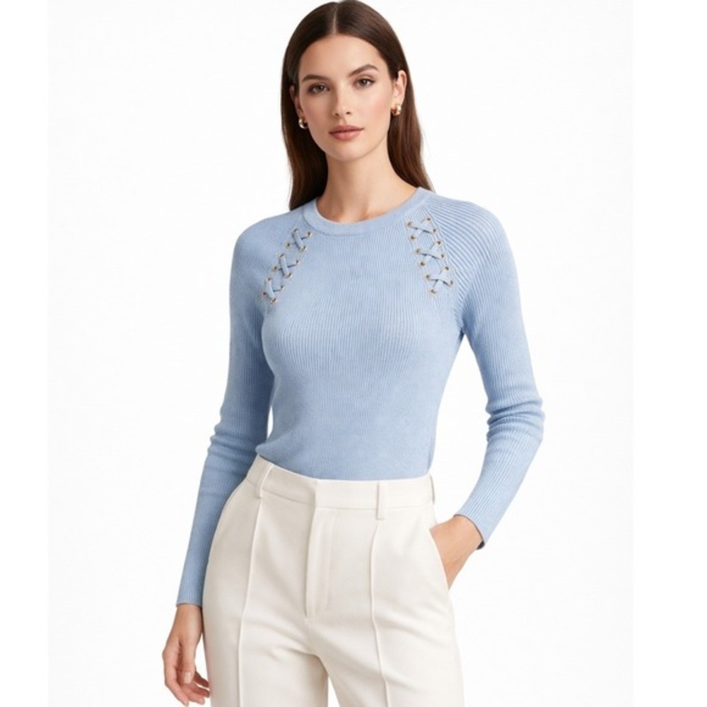Montgomery Post Light Blue Ribbed Lace‎ Up Shoulder Raglan Sweater Size L NWT